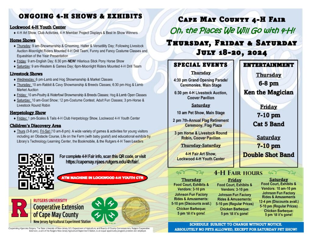 2024 4H Fair Schedule of Events for July 18, 19 & 20 Rutgers
